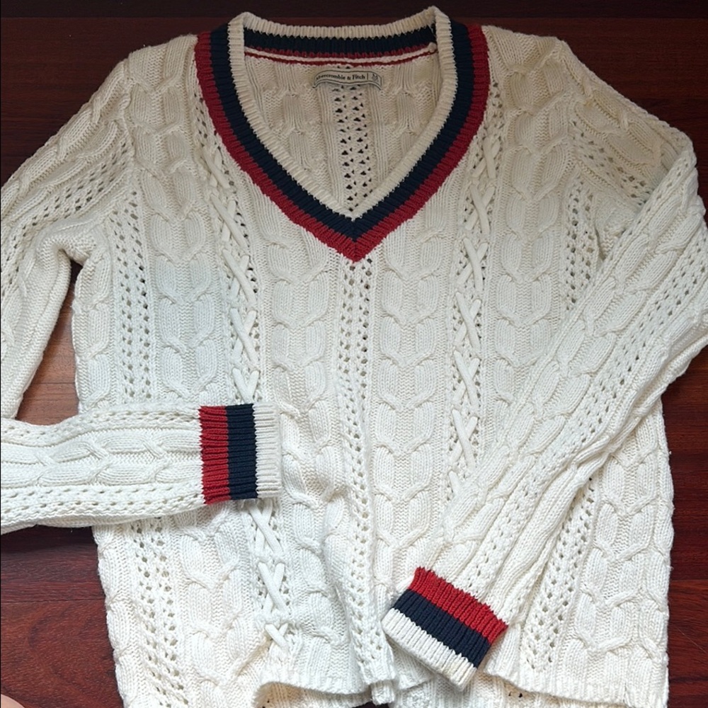 Abercrombie and Finch: Cream Cable Knit Sweater with Red and Navy Trim